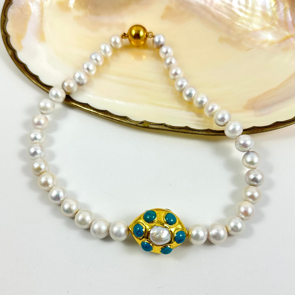 metallic silver white edison pearl necklace hand knotted with turquoise accent