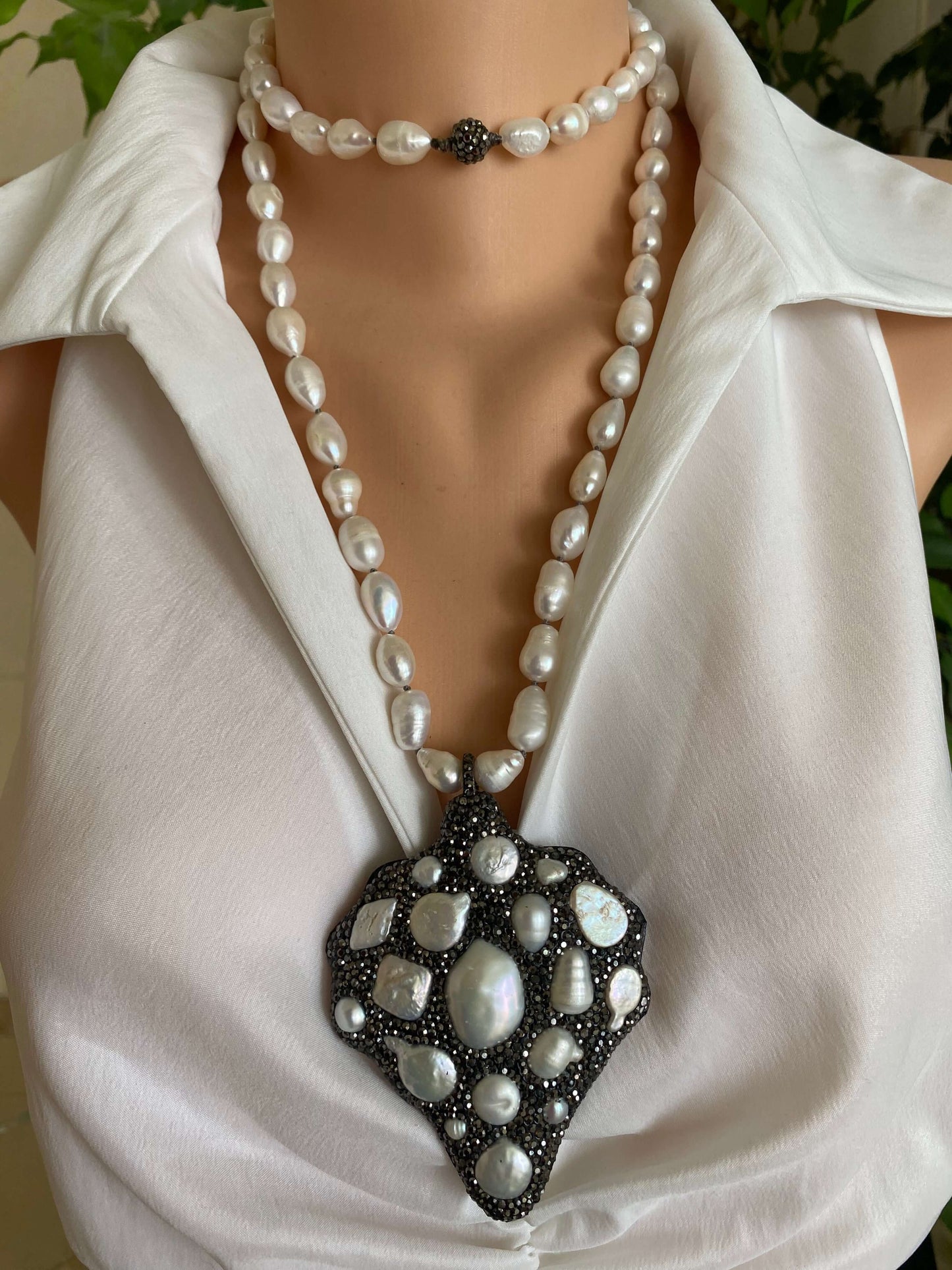 LIVE #50 - Long White Pearl Nugget Necklace with Pavé Pendant – 38”, featuring luminous freshwater pearls and elegant design.