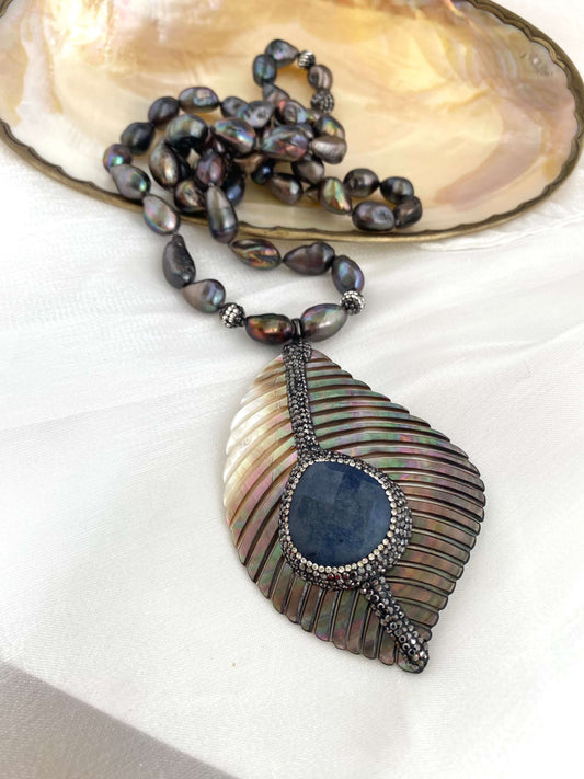 LIVE #80 - Long Peacock Black Pearl Necklace w/ Abalone Agate Pendant, showcasing black and peacock freshwater pearls.