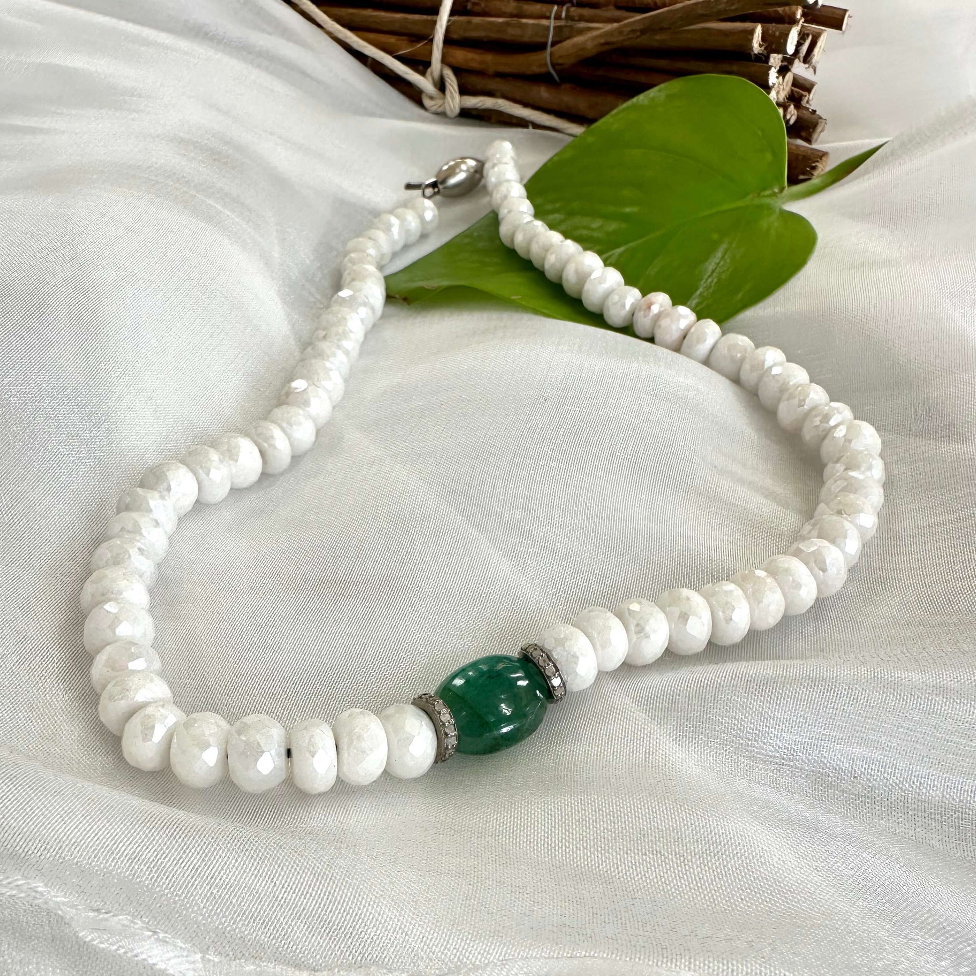 Emerald diamond choker necklace with white silverite beads emerald centerpiece and diamond pavé details