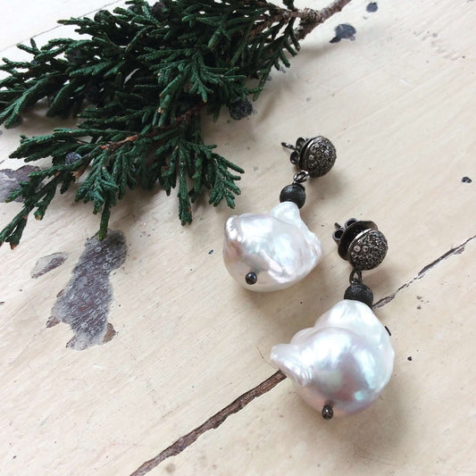Baroque Pearl Drop Earrings – Diamond Pavé Studs in Oxidized Silver with freshwater baroque pearls and decorative studs