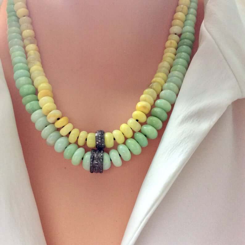 Yellow opal necklace with diamond accents, handmade in Canada, featuring vibrant yellow and green beads.
