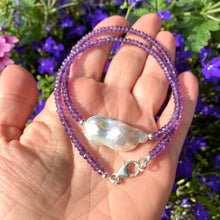 Charger l&#39;image dans la galerie, Stunning Purple Necklace featuring faceted Amethyst beads and a Large White Baroque Pearl centerpiece. A thoughtful February Birthstone Personalized Gift For Her. Crafted with Sterling Silver, the necklace measures 17 inches in length
