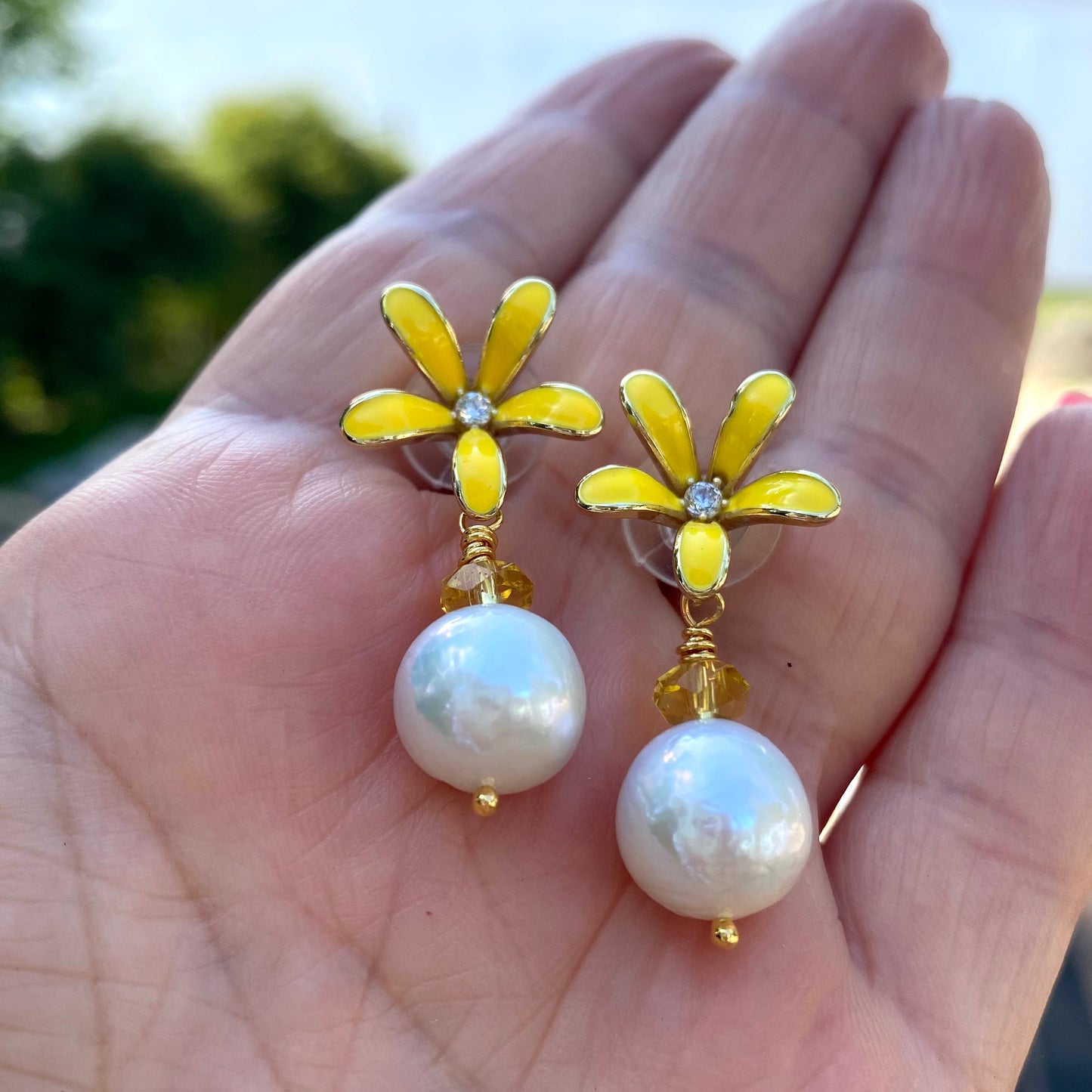 Edison pearl citrine earrings handmade in Canada with yellow enamel flowers and pearl drops