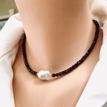 Load image into Gallery viewer, Garnet pearl necklace worn at the neckline with delicate garnet beads and baroque pearl
