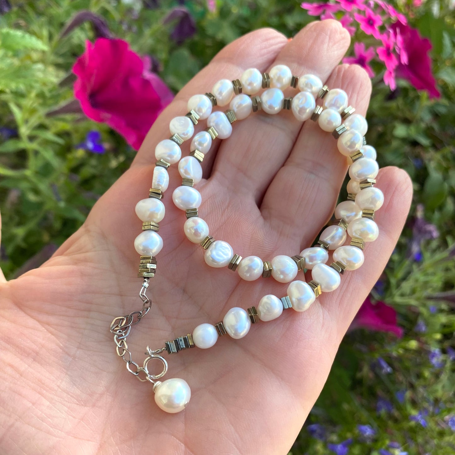 Pearl hematite choker necklace with freshwater pearls and square hematite beads handmade in Canada