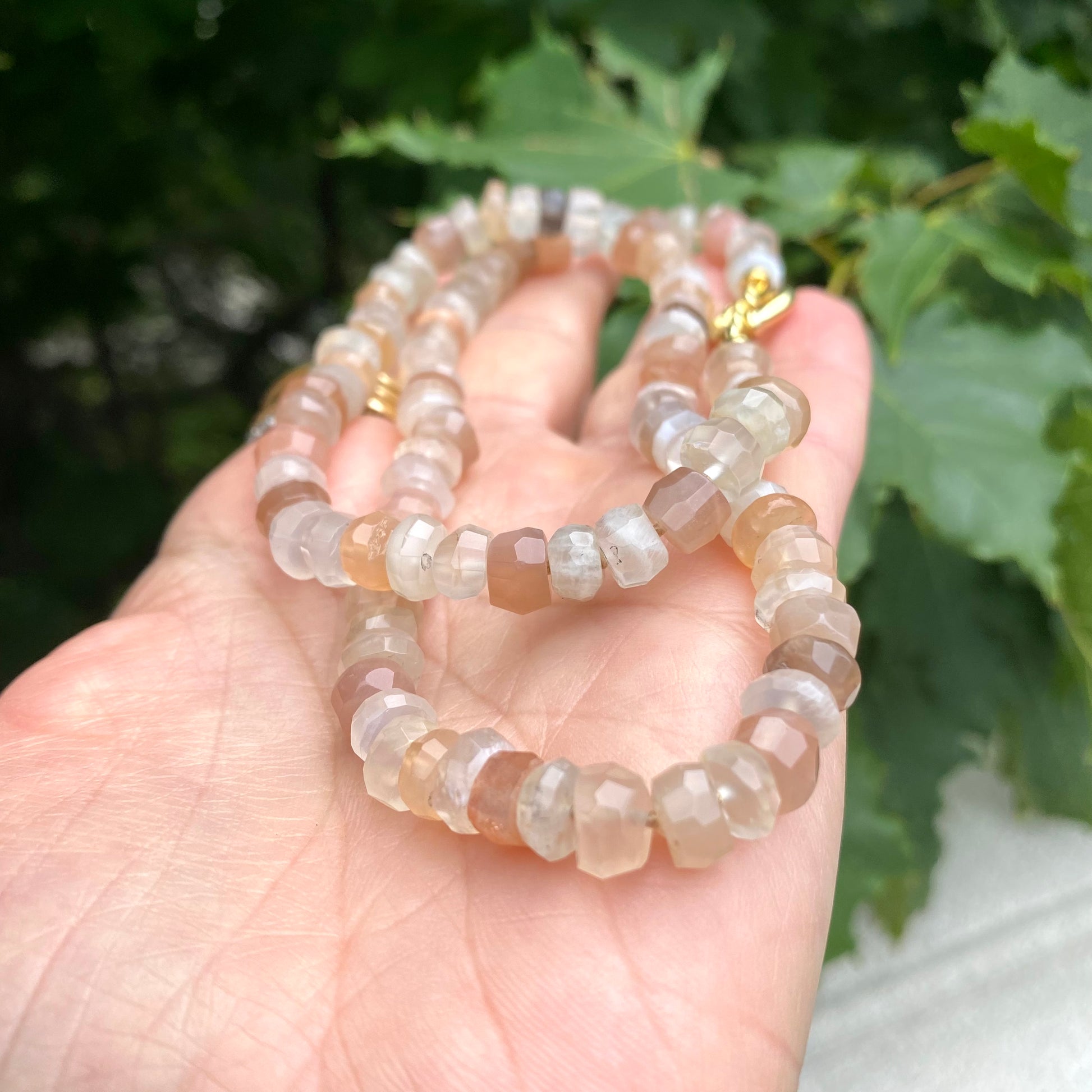 Moonstone candy necklace showing graduated faceted moonstone rondelle beads