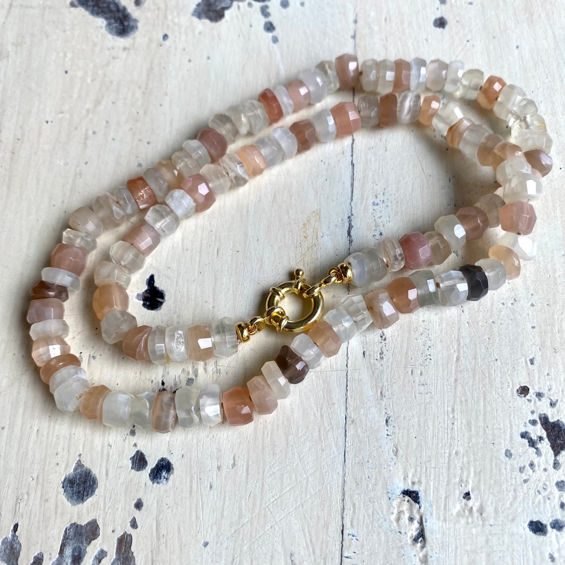 Moonstone candy necklace with hand-knotted design and natural gemstone finish