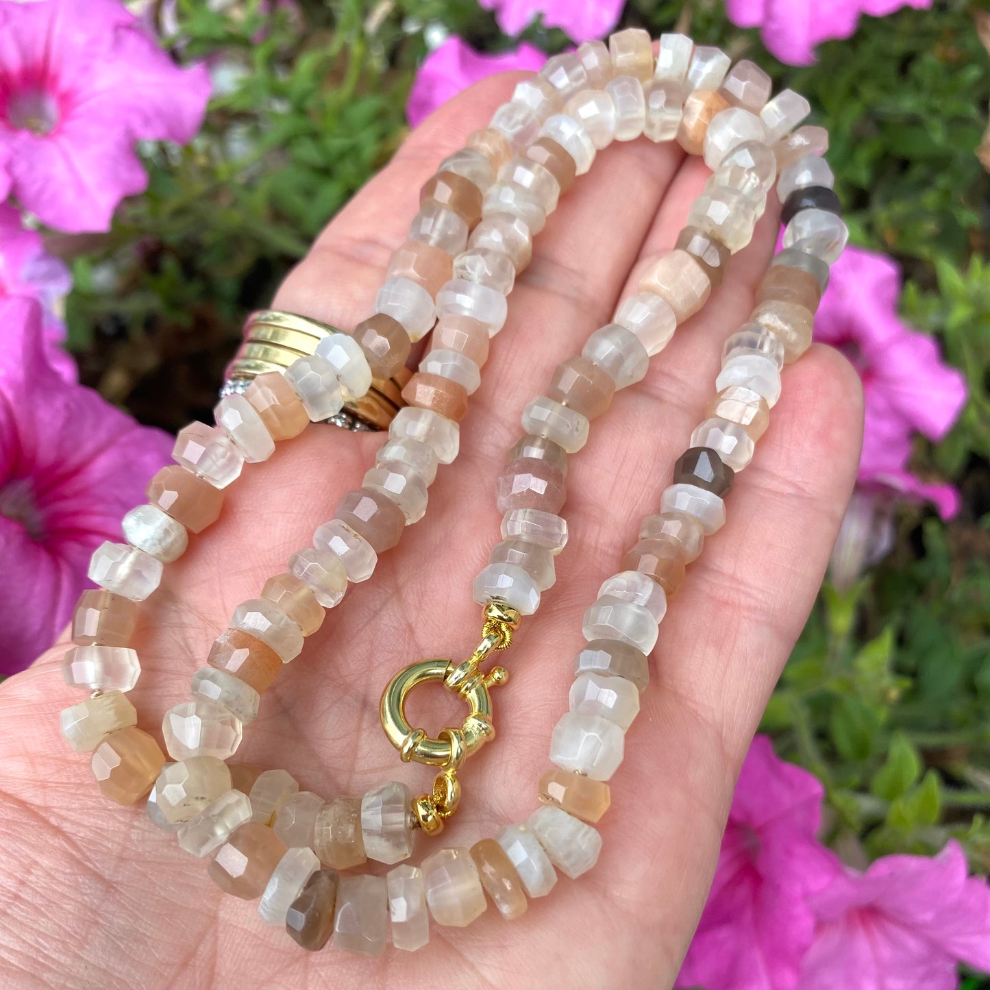 Moonstone candy necklace with faceted mixed moonstone beads and soft natural color variations