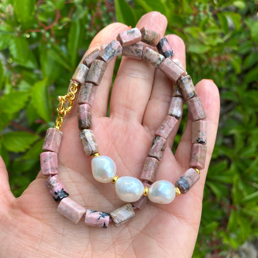 Rhodonite pearl necklace with faceted pink rhodonite tube beads and freshwater pearls