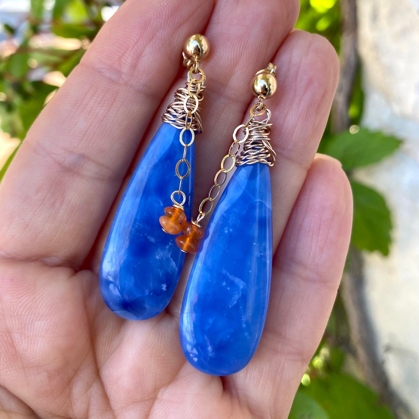 Blue Onyx Carnelian Earrings – Teardrop 14k Gold Filled with smooth carnelian beads, handmade in Canada.