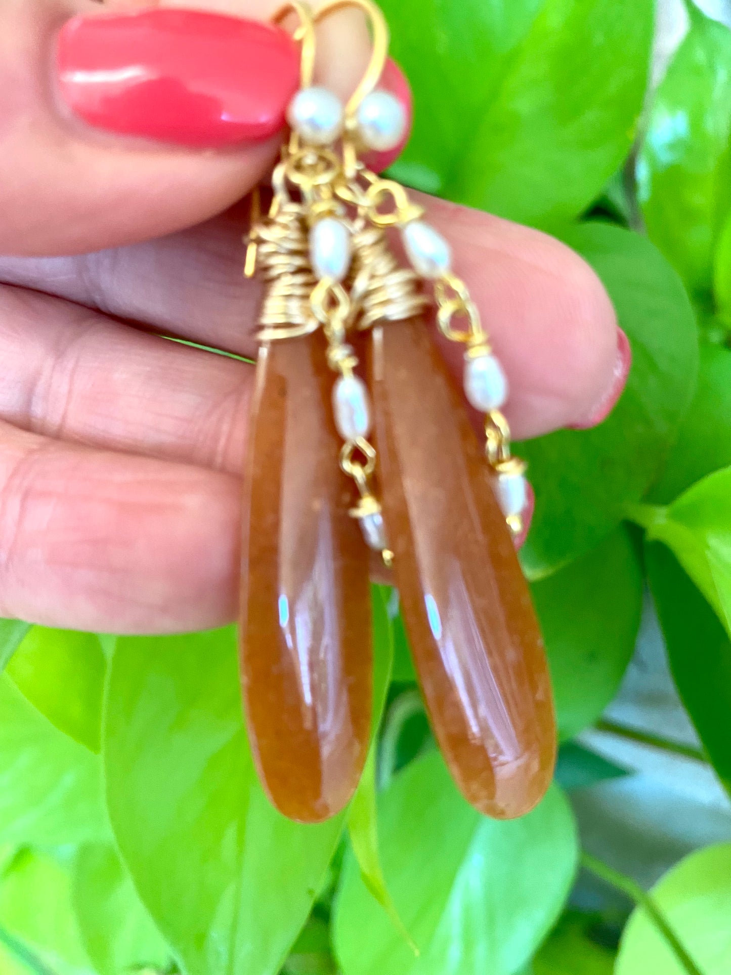 Handmade Red Aventurine Pearl Earrings showcasing unique orange-red gemstones, perfect for natural gemstone jewelry enthusiasts.