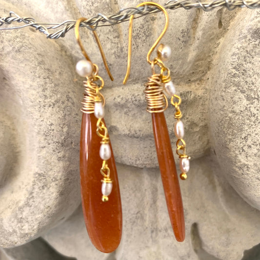 Red Aventurine Pearl Earrings - Natural gemstone dangles with golden wire and pearl accents.