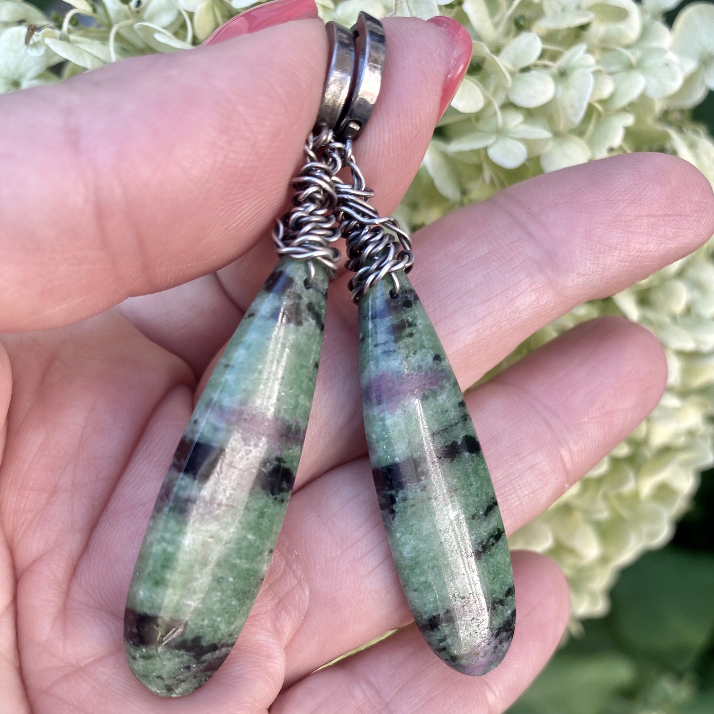 Ruby Zoisite Teardrop Earrings – Natural Gemstone Dangles featuring unique colors and handmade craftsmanship.