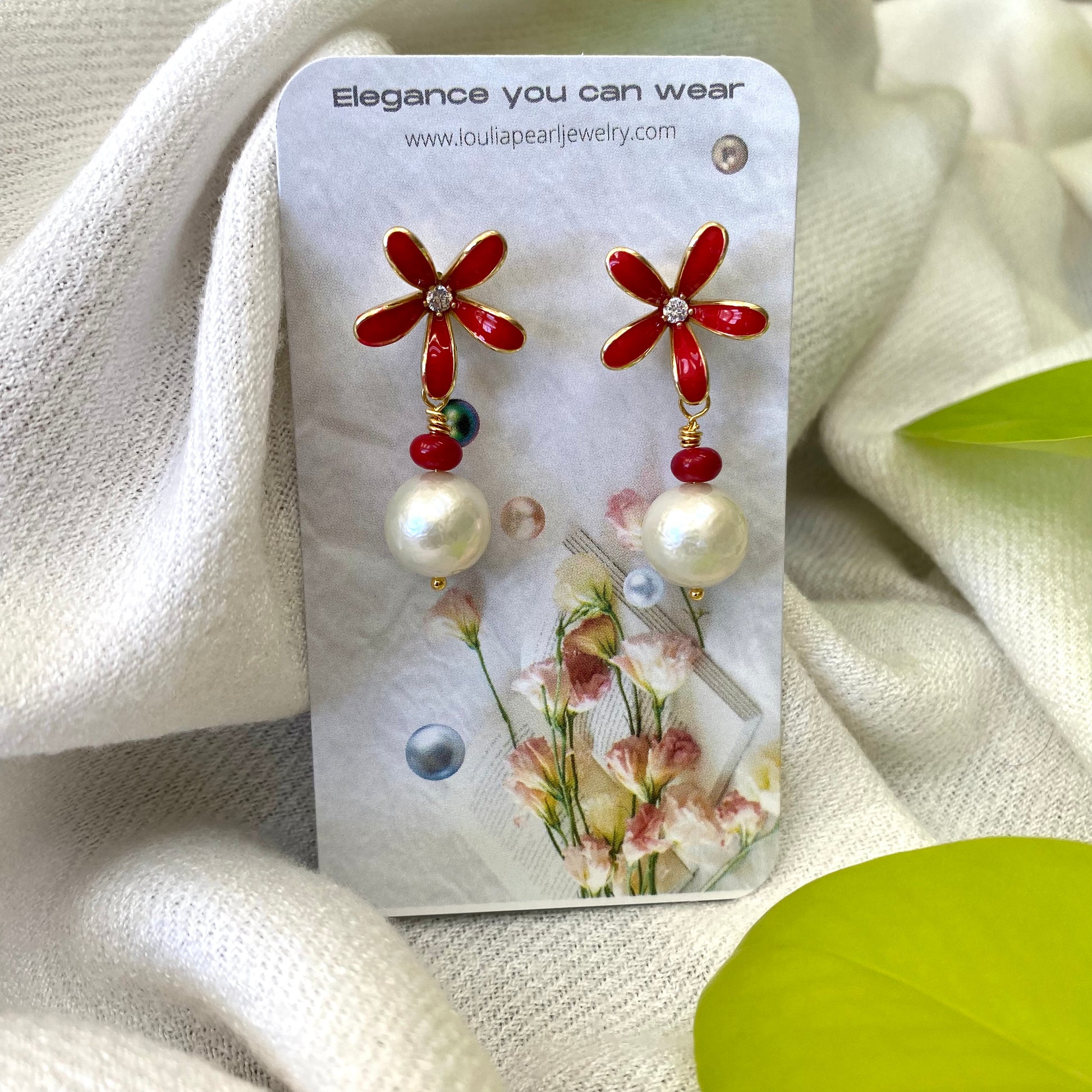 Edison pearl coral earrings handmade in Canada with red enamel flowers and cubic zirconia centers