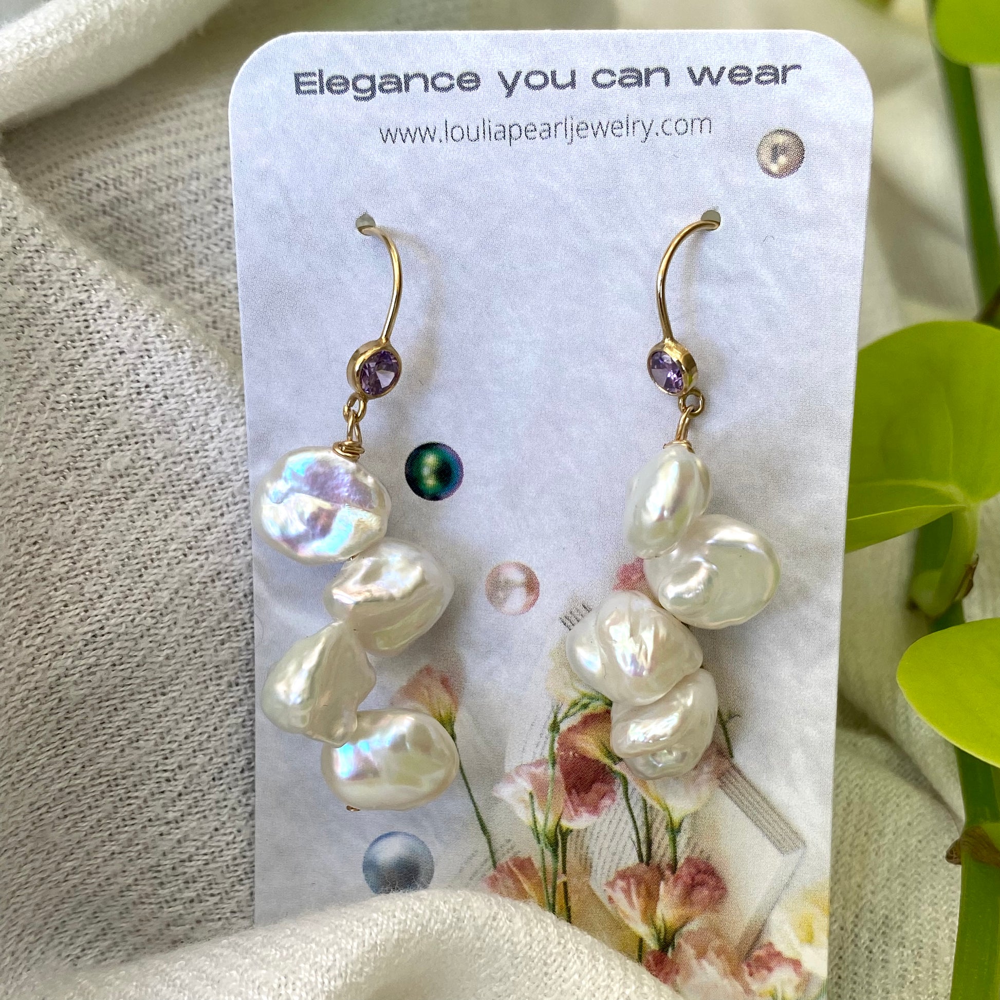Keshi Pearl Drop Earrings – 14k Gold Filled with Purple CZ showcasing unique freshwater keshi baroque pearls.