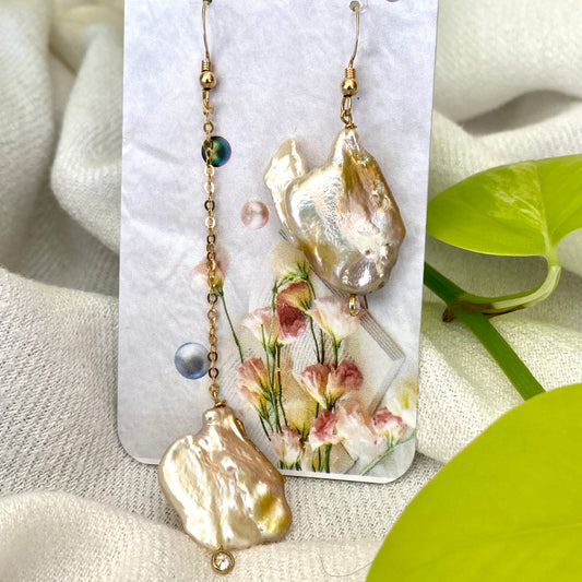 Mismatched Pearl Drop Earrings featuring clear CZ and 14k gold filled design on display card