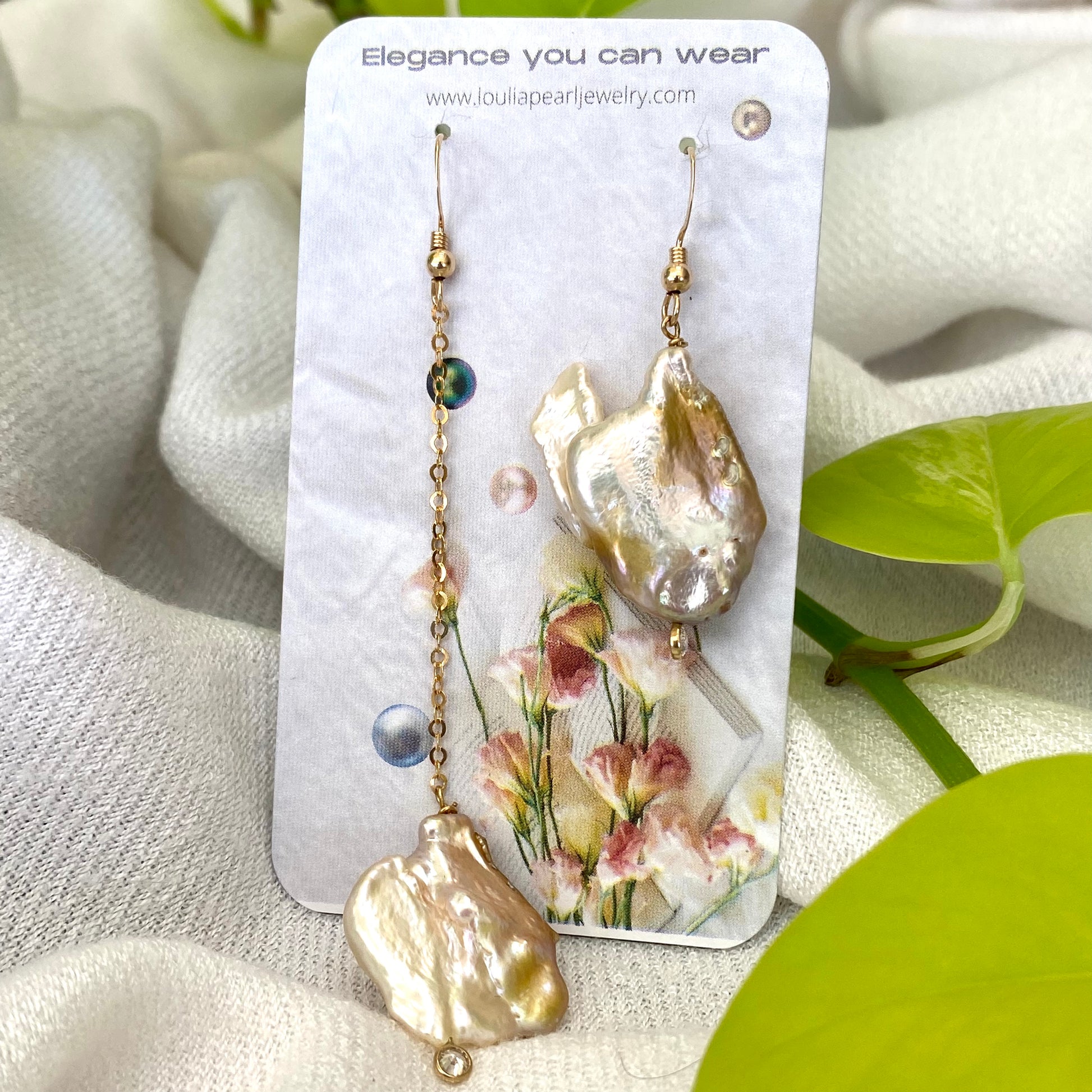 Mismatched Pearl Drop Earrings – Clear CZ, 14k Gold Filled showcasing unique asymmetrical design and modern elegance.
