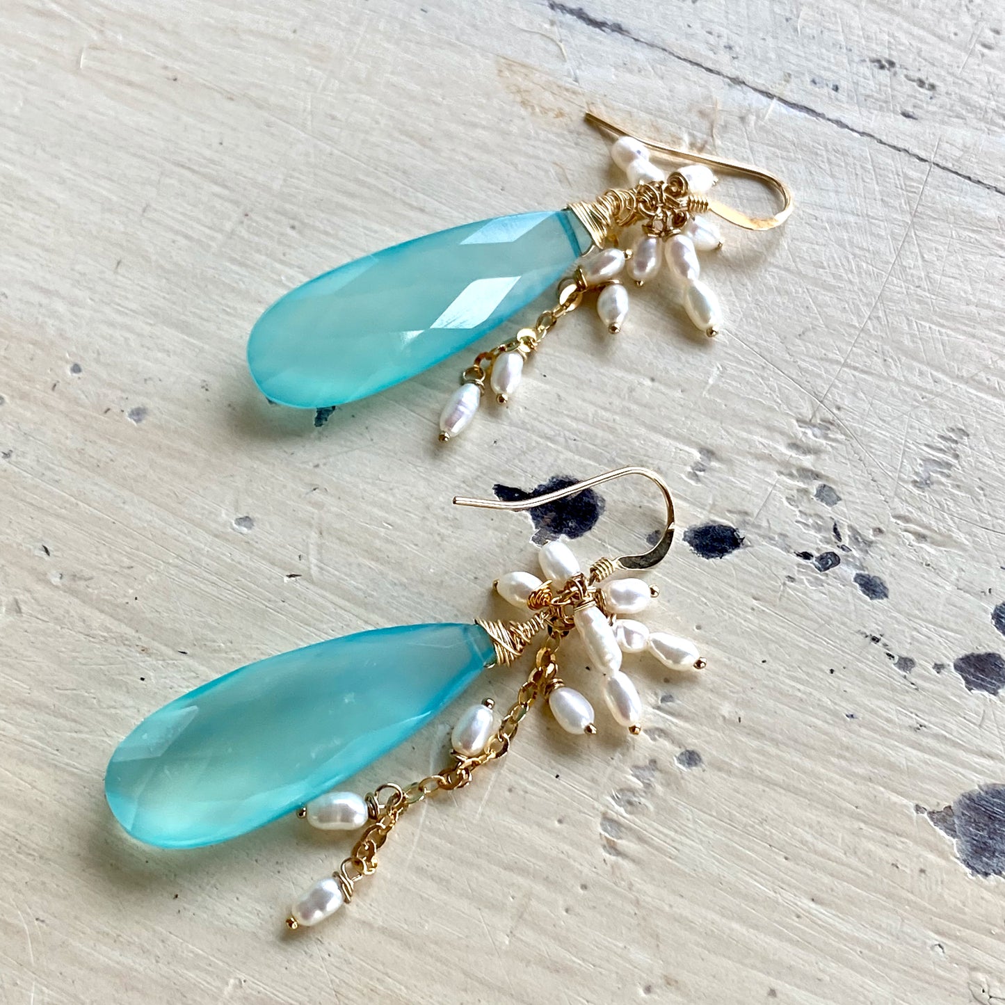 Blue Chalcedony Pearl Earrings – Teardrop Cluster Design featuring blue chalcedony stones and freshwater pearls.