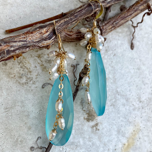 Blue Chalcedony Pearl Earrings showcasing teardrop cluster design with faceted blue stones and freshwater pearls.
