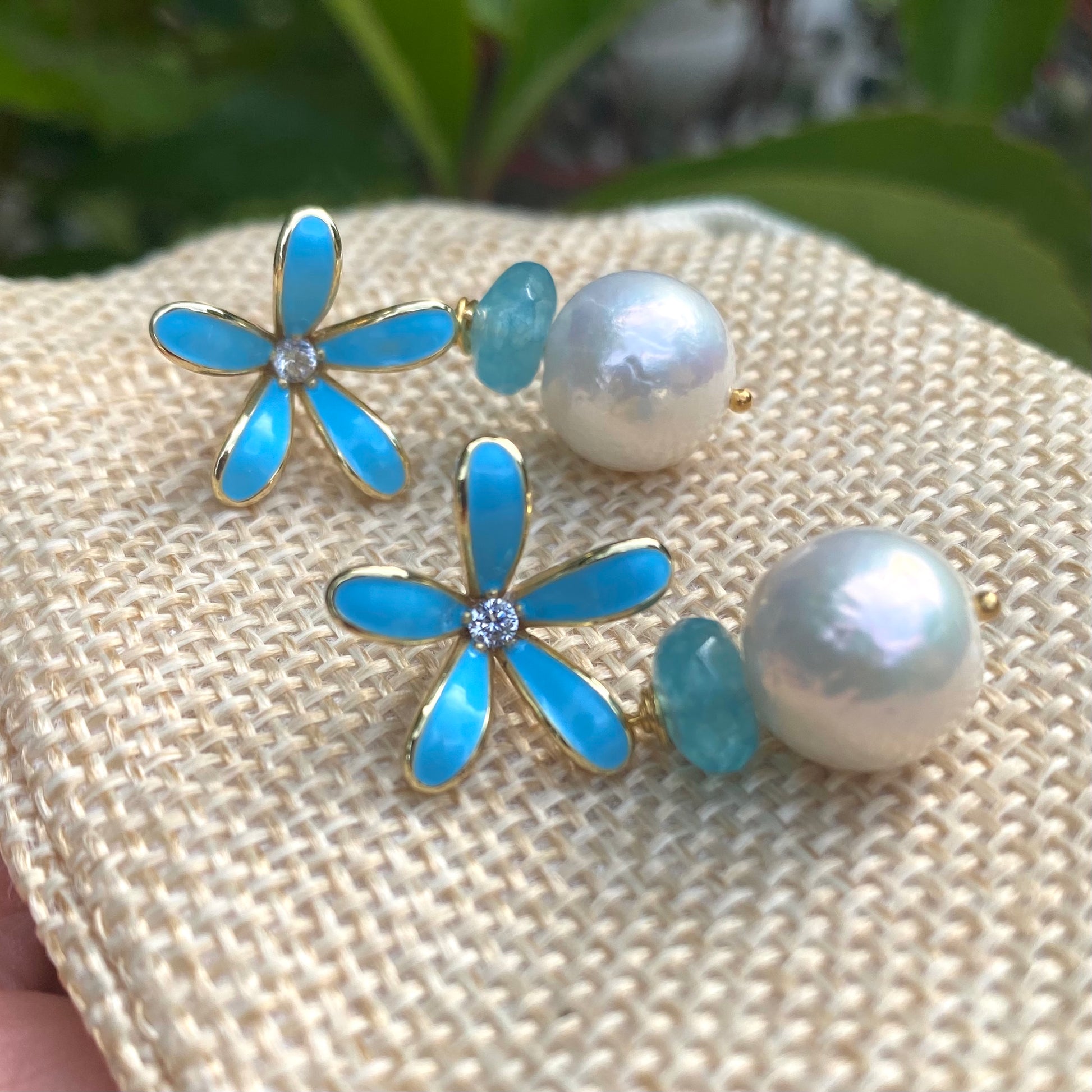 Edison Pearl Aquamarine Earrings featuring blue enamel flowers and AAA+ white Edison pearls.