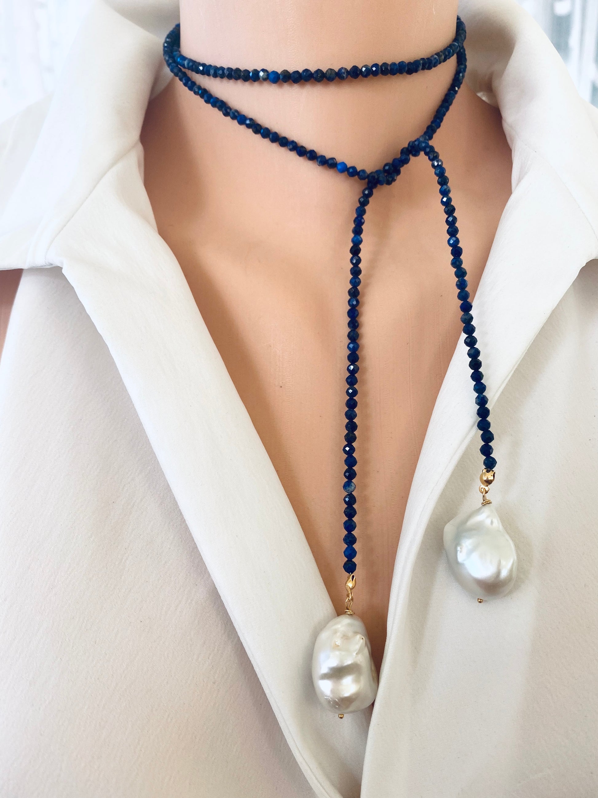 Lapis lazuli baroque pearl lariat necklace styled multiple ways for versatile wear