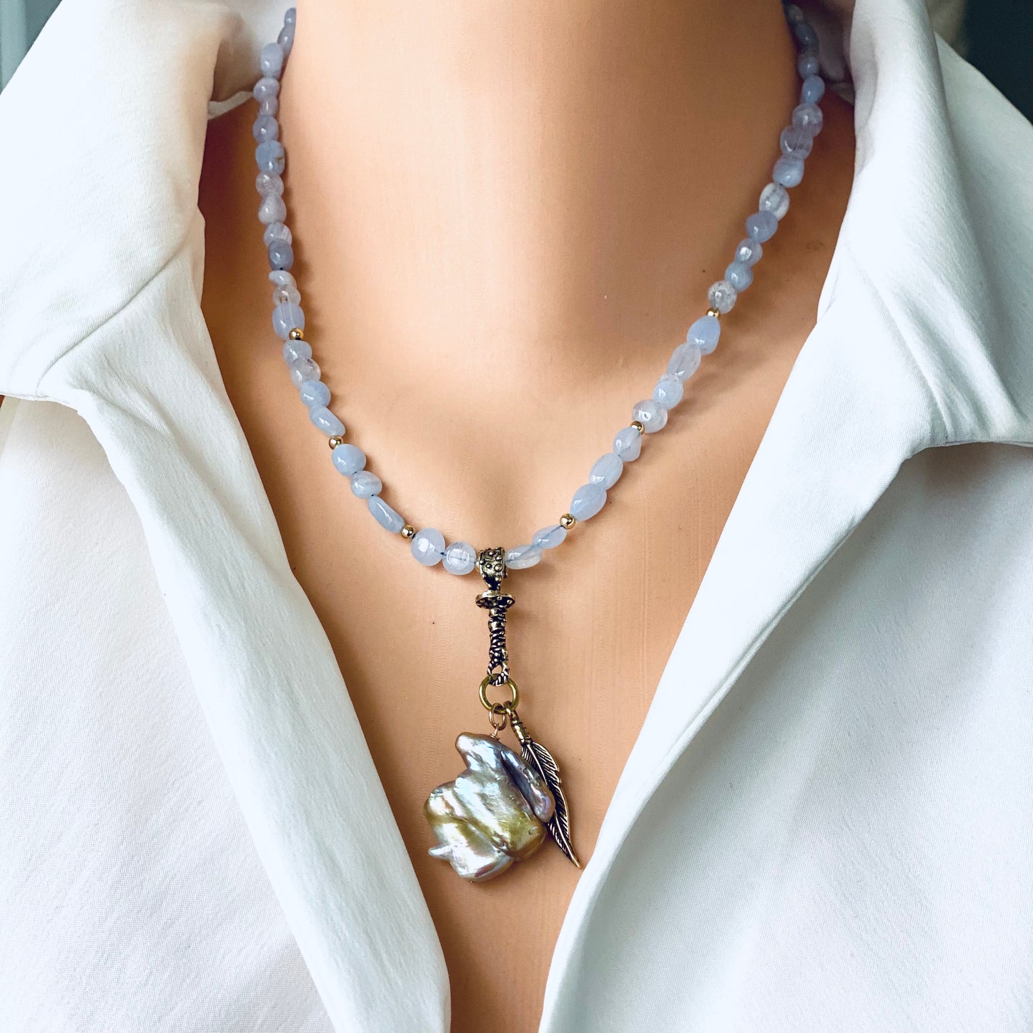 Blue lace agate pearl necklace elegant pendant design with blue lace agate beads and keshi pearl