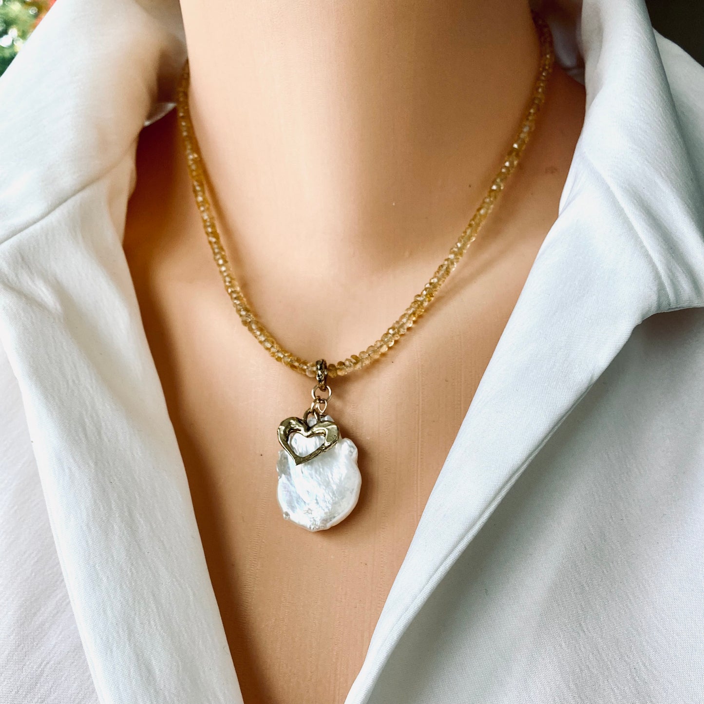 Citrine pearl necklace elegant design with citrine beads baroque keshi pearl and heart charm