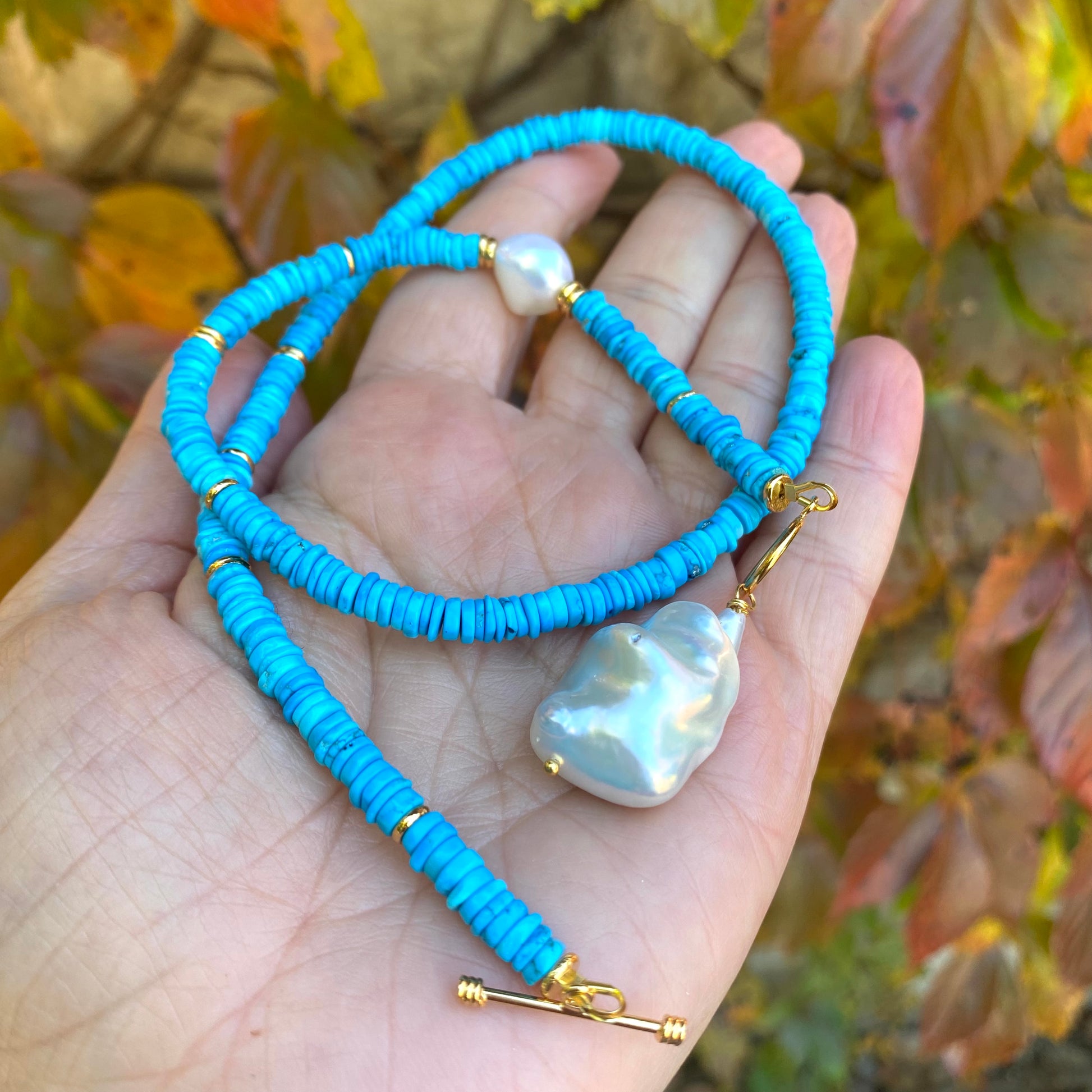 Turquoise Pearl Toggle Necklace featuring turquoise tire beads and baroque pearls, handmade statement jewelry from Canada.