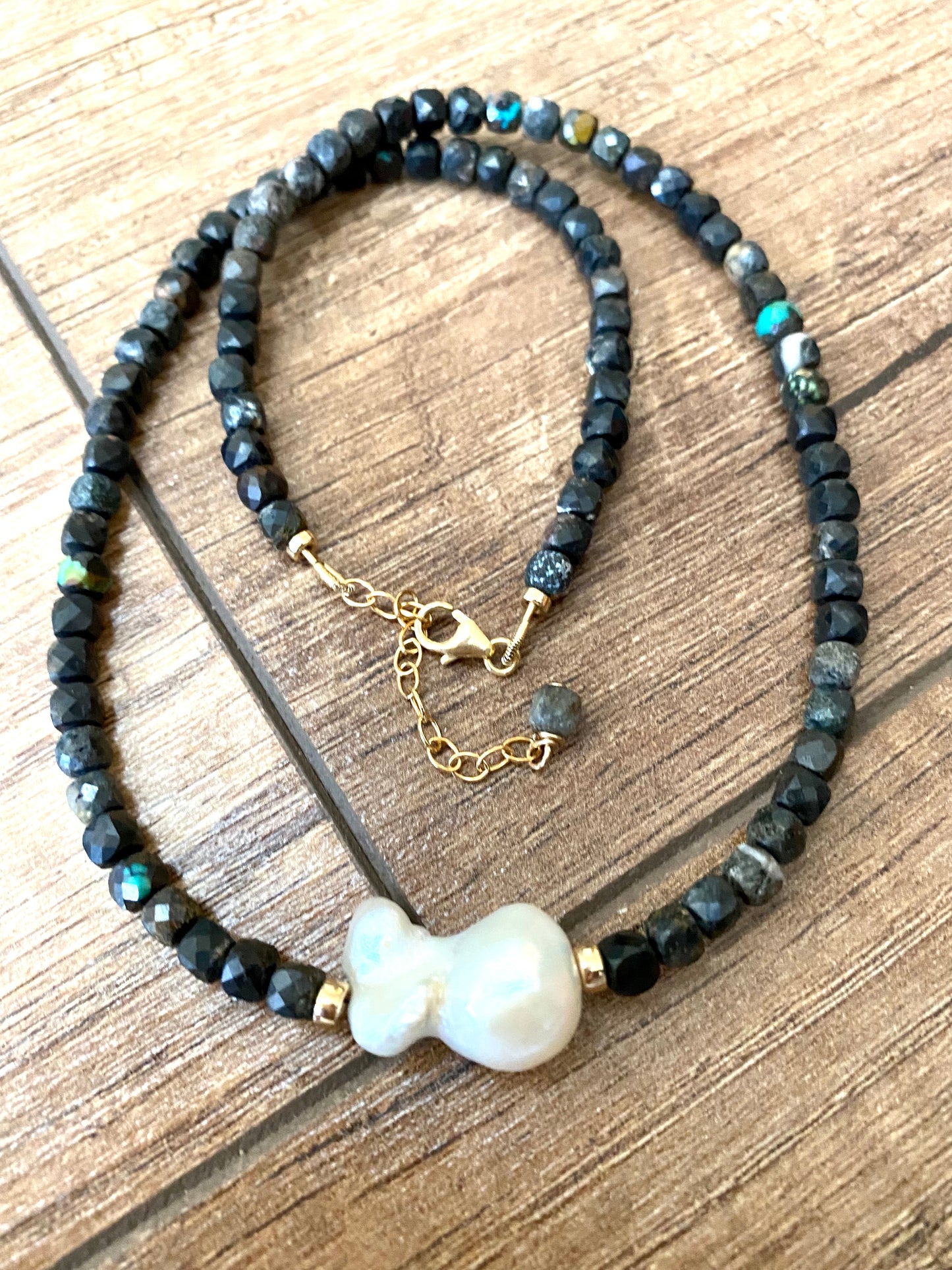 Handcrafted black turquoise baroque pearl necklace with gold filled clasp and extender chain