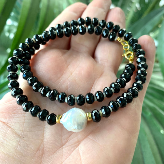 Black onyx pearl choker necklace with faceted black onyx beads shell spacers and baroque pearl handmade in Canada