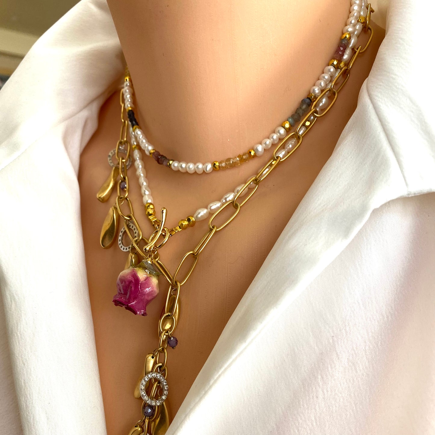 Real Red Rosebud & Pearl Beaded Necklace