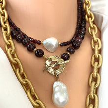 Load image into Gallery viewer, Garnet pearl necklace layered with gold chain and white baroque pearl accent
