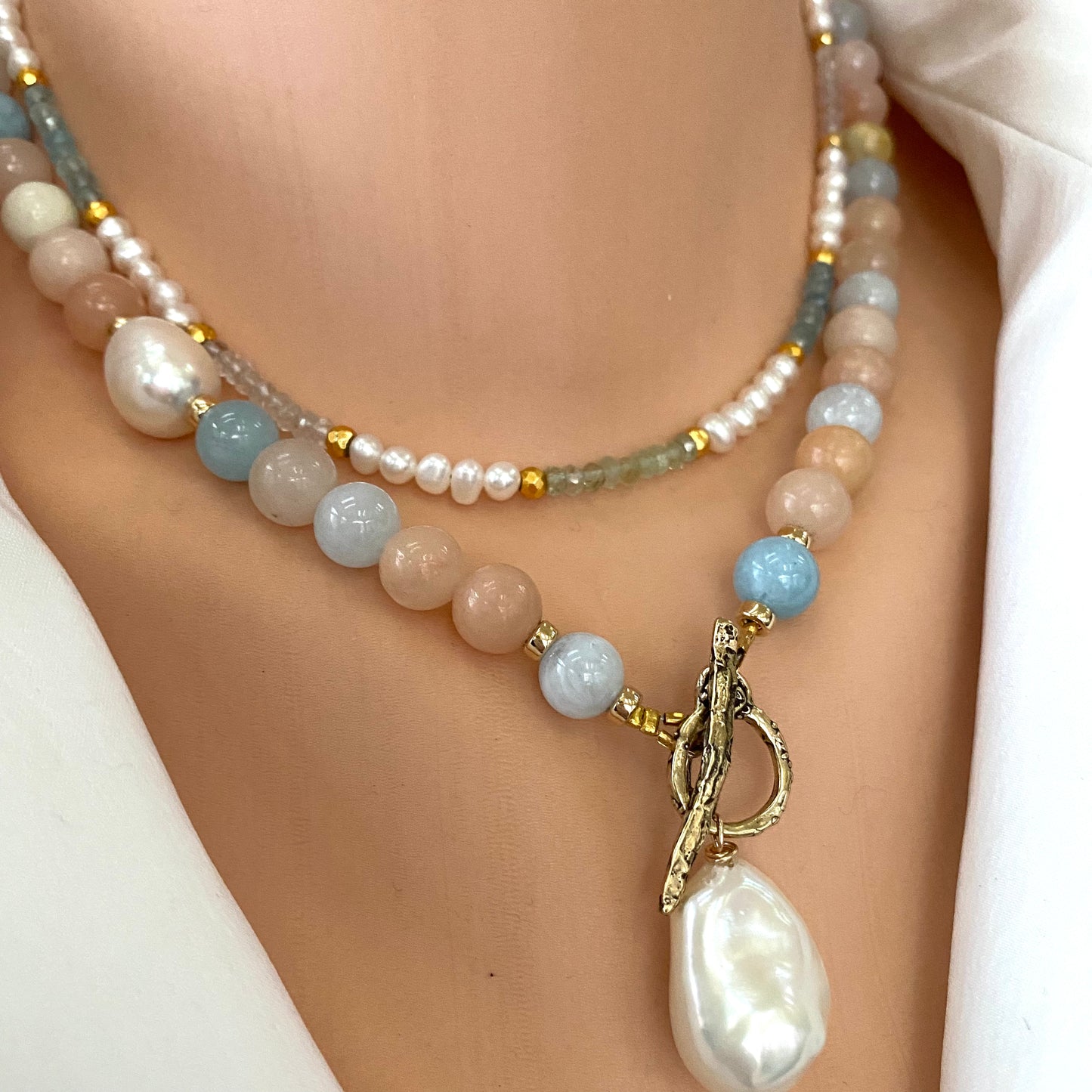 Morganite, Aquamarine & Baroque Pearl Toggle Necklace