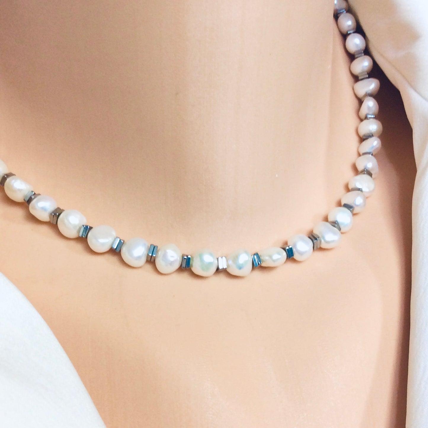 Pearl hematite choker necklace close up showing pearl and hematite bead detail