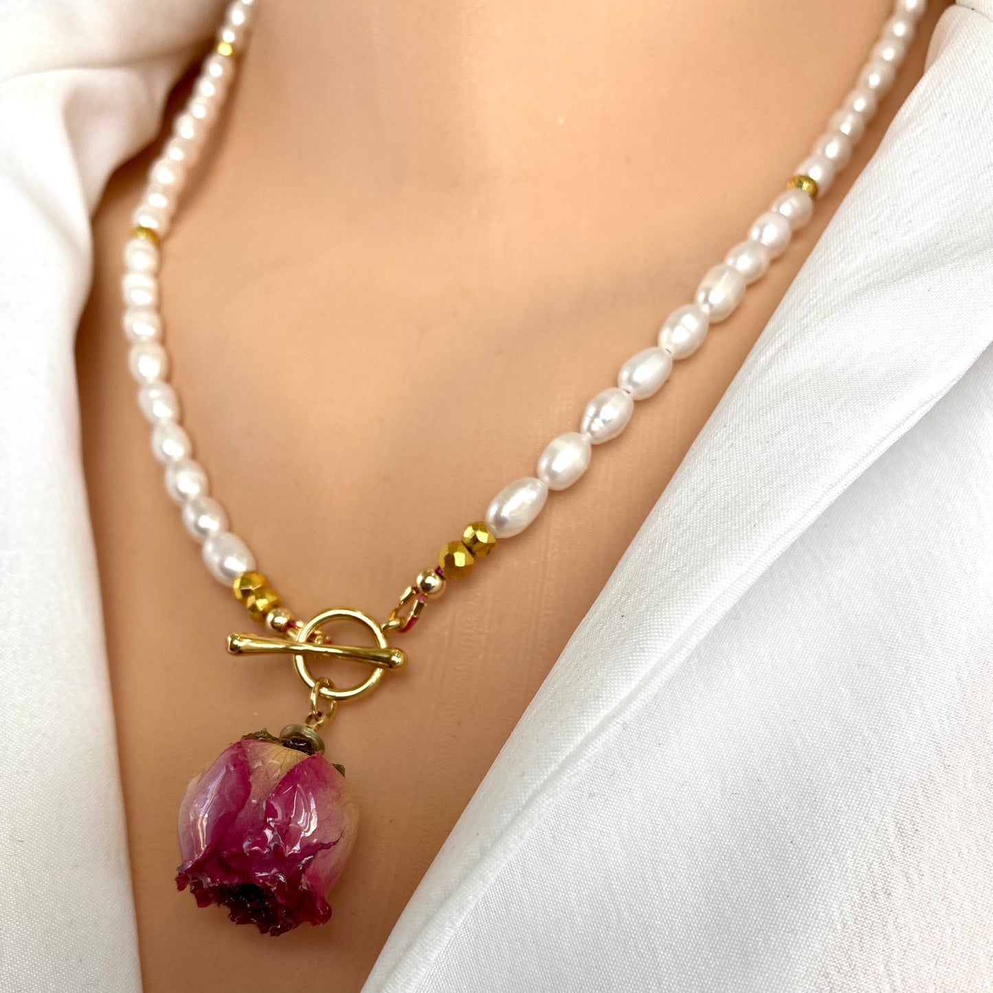 Real Red Rosebud & Pearl Beaded Necklace