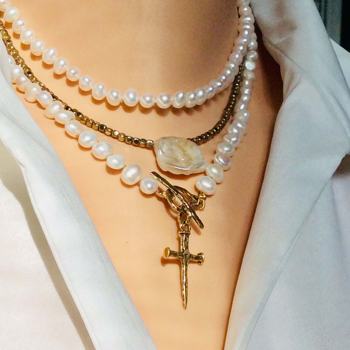 Pearl Necklace & Cross Pendant Necklace