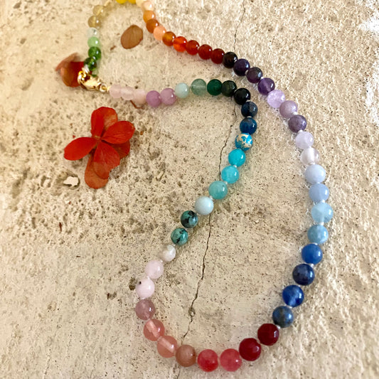 Rainbow candy necklace in mini gemstone beads showcasing vibrant colors and handcrafted design.