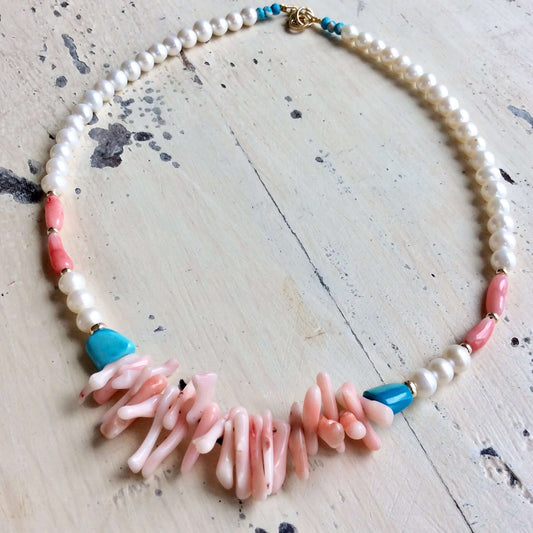 Pink Coral, pearls & Turquoise Necklace 14k GF