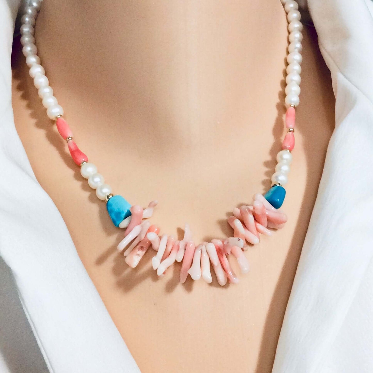 Pink Coral, pearls & Turquoise Necklace 14k GF