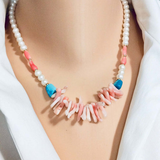 Pink Coral, pearls & Turquoise Necklace 14k GF