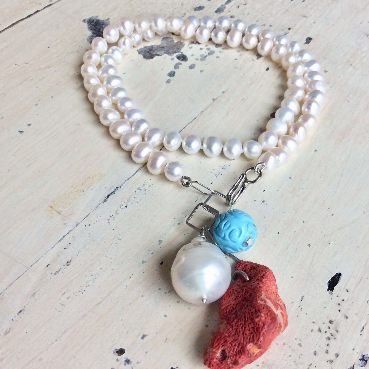 Pearl Necklace with Red Coral Pendant & Turquoise Charm