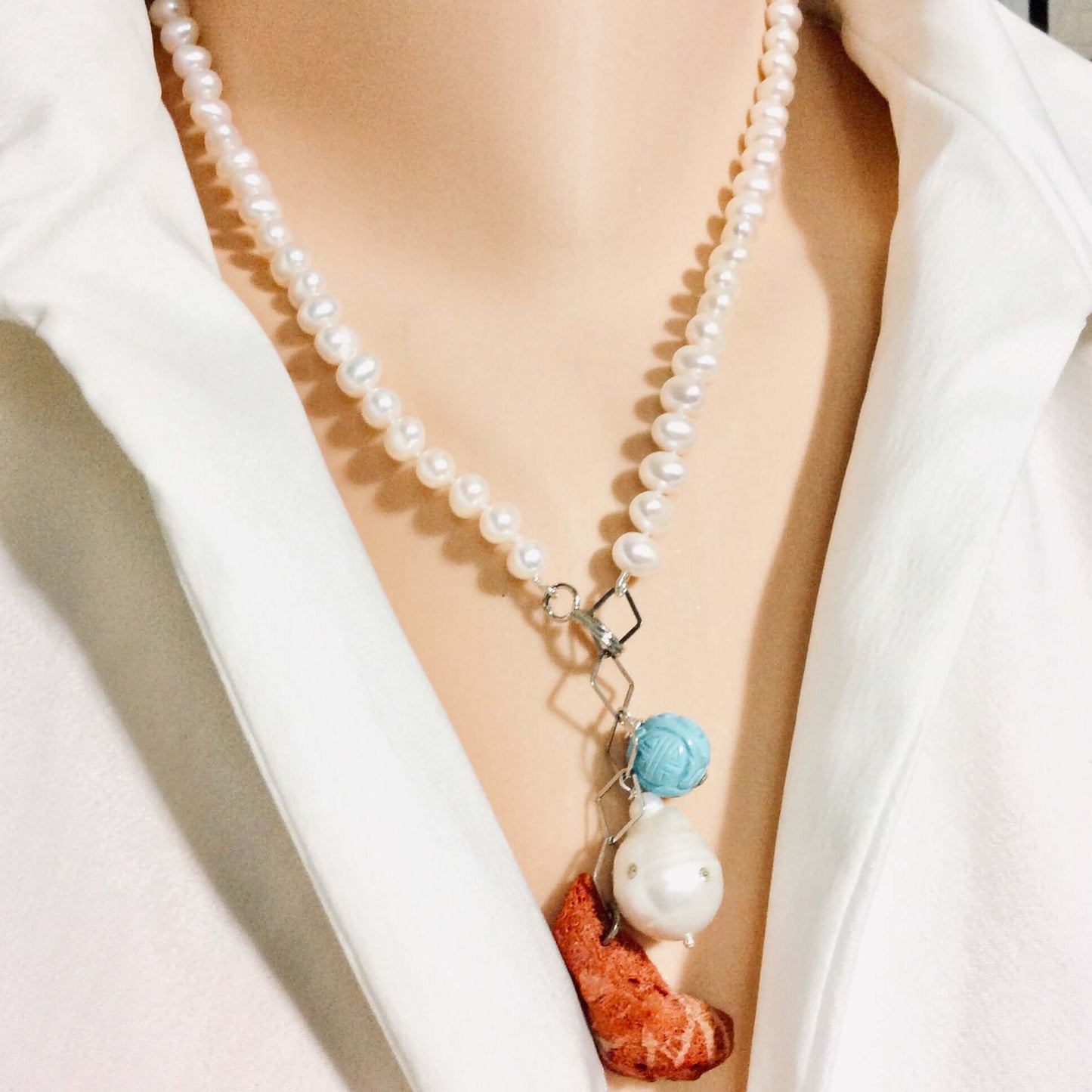 Pearl Necklace with Red Coral Pendant & Turquoise Charm