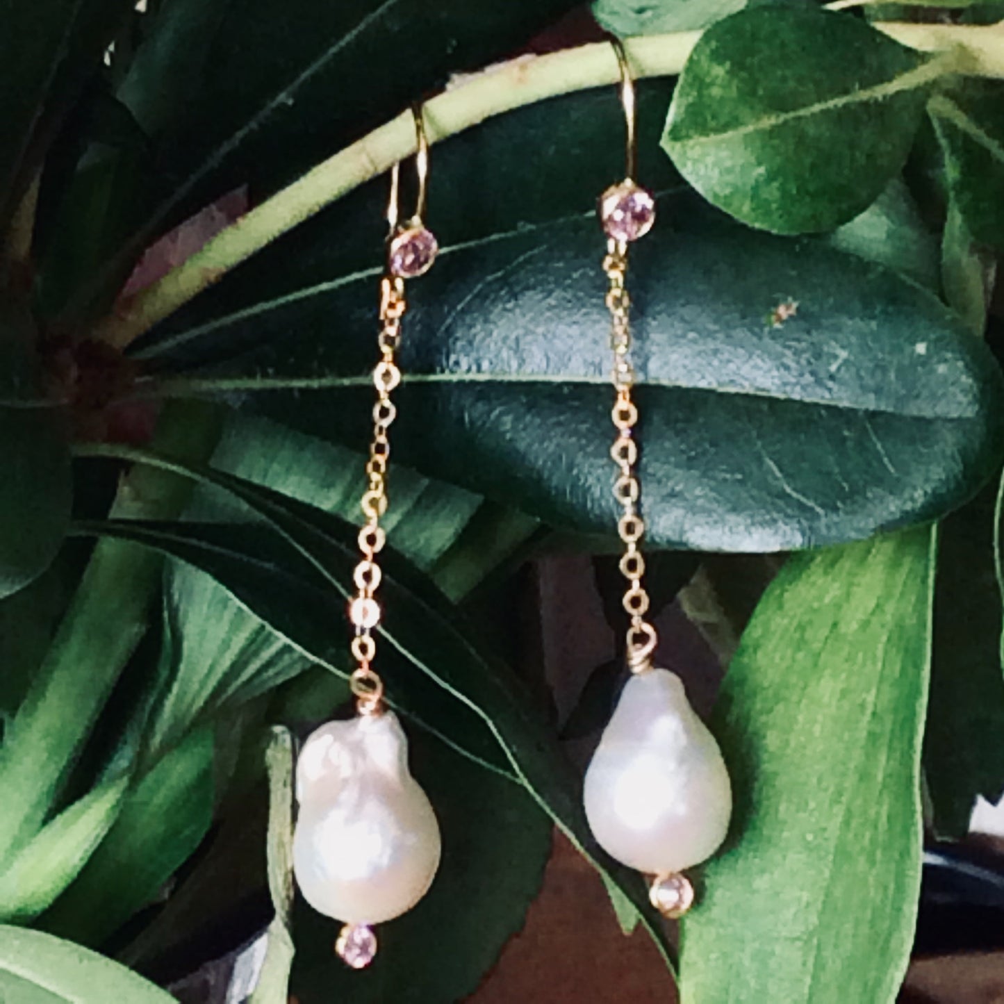 Baroque Pearl Long Earrings & Pink Cz