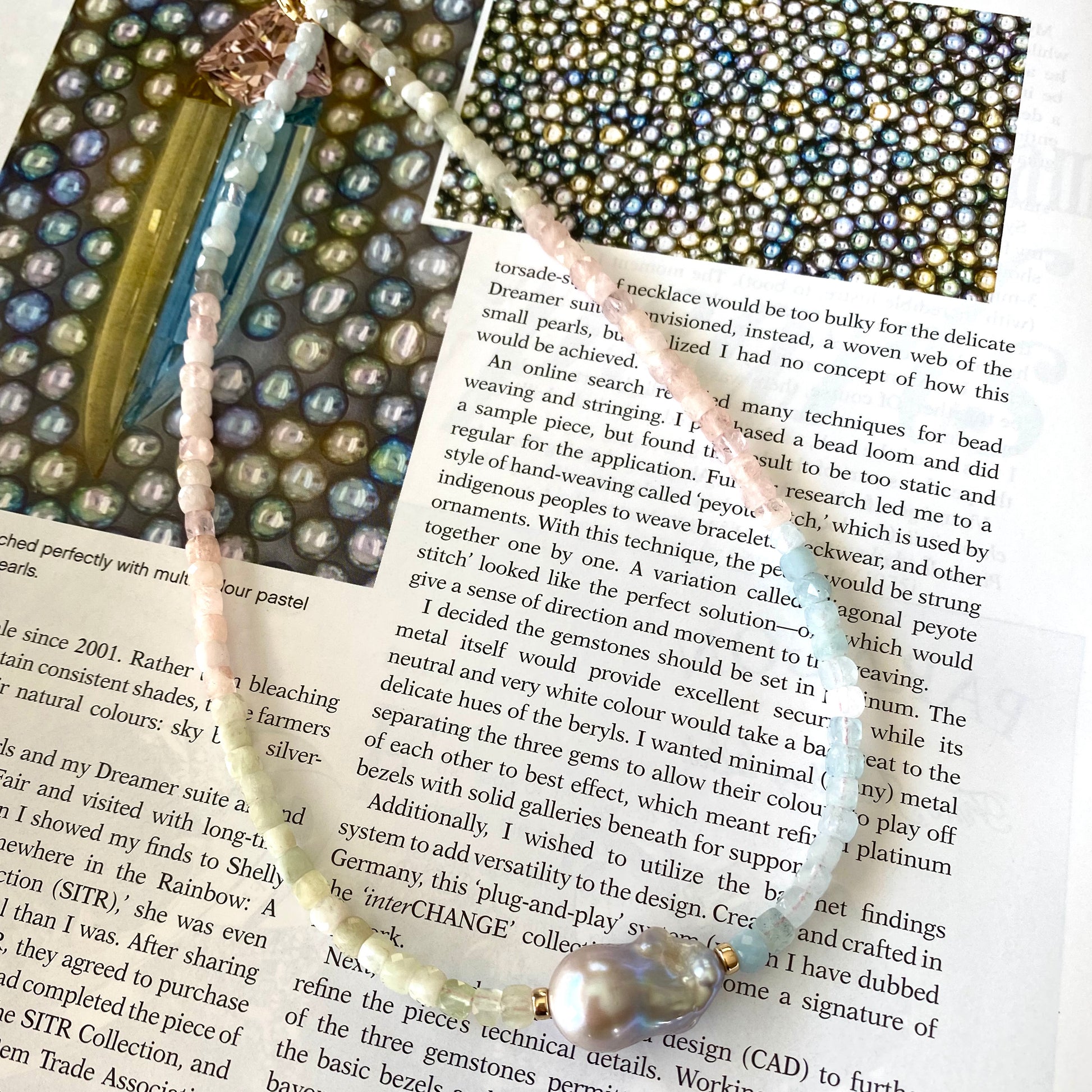 Aquamarine morganite pearl necklace with pastel gemstones and grey baroque pearl pendant