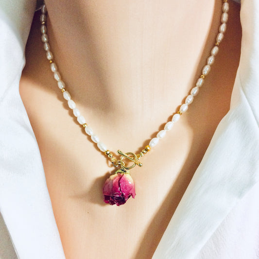 Real Red Rosebud & Pearl Beaded Necklace