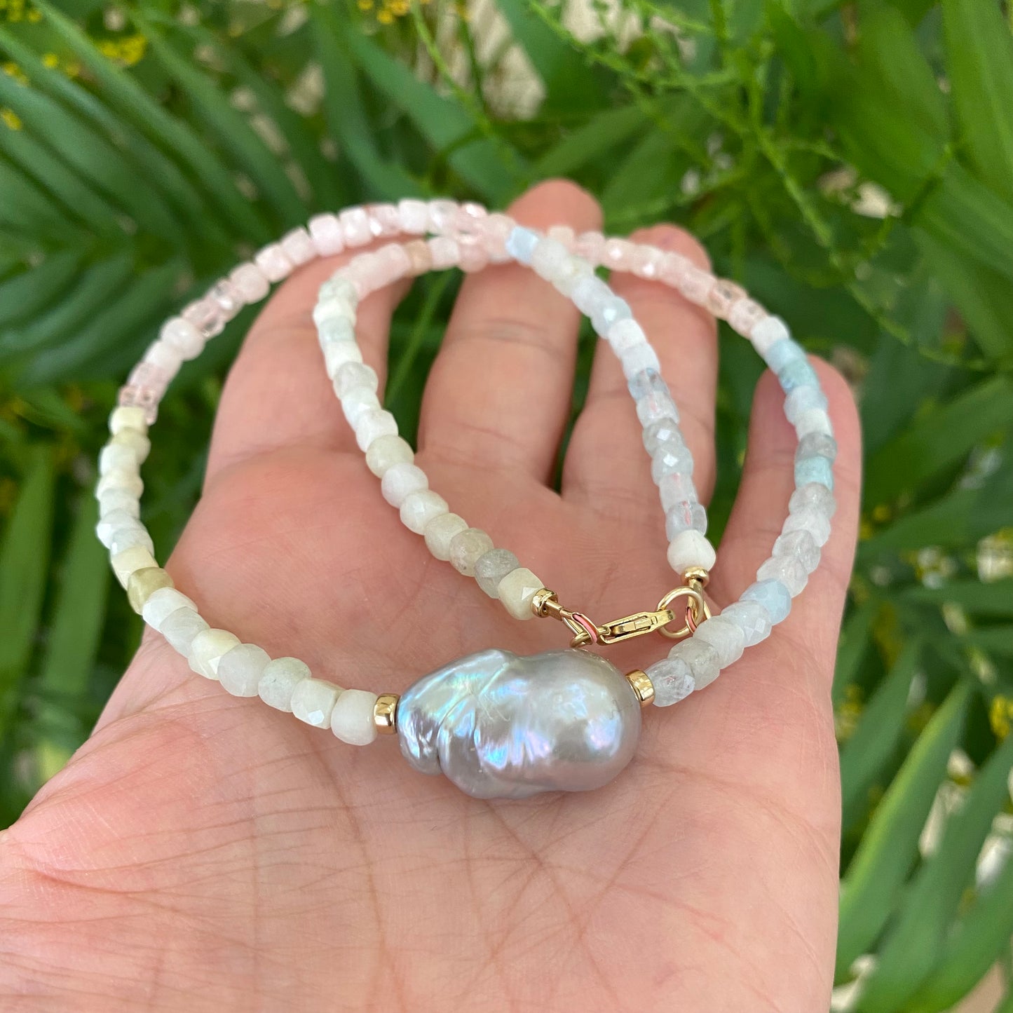 Aquamarine morganite pearl necklace with pastel aquamarine morganite beads and grey baroque pearl handmade in Canada