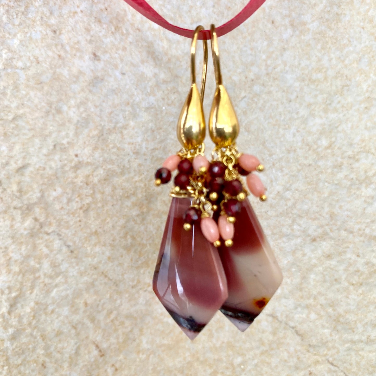 Jasper cluster earrings with Mookaite, Garnet and Pink Coral in a unique design showcasing earthy colors.