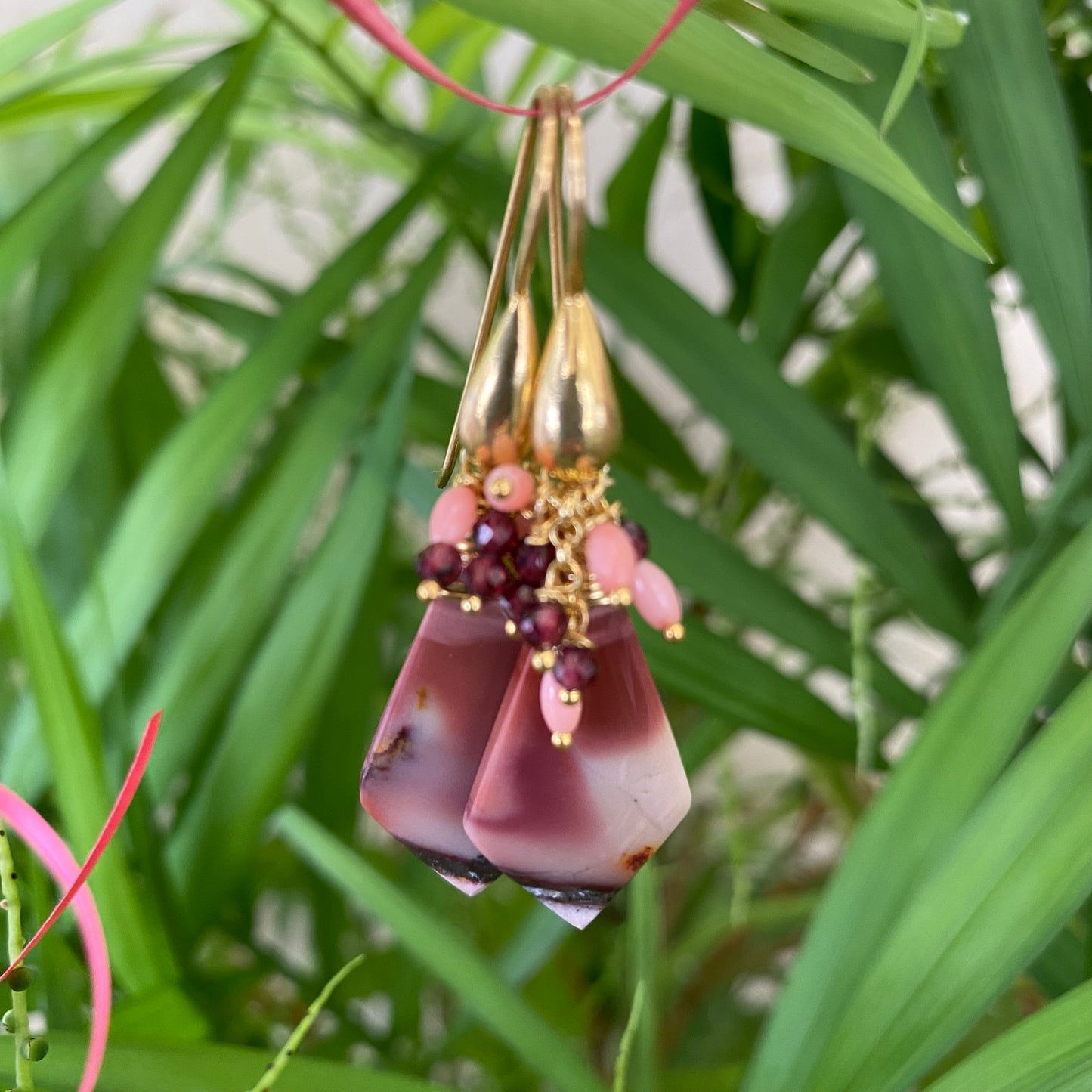 Jasper cluster earrings with Mookaite, Garnet, and Pink Coral showcasing earthy tones and unique patterns.