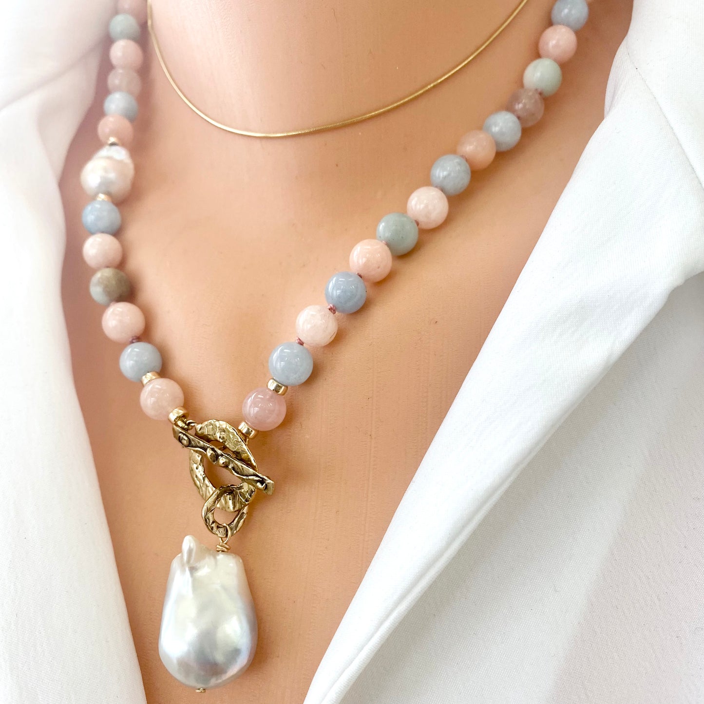 Morganite, Aquamarine & Baroque Pearl Toggle Necklace